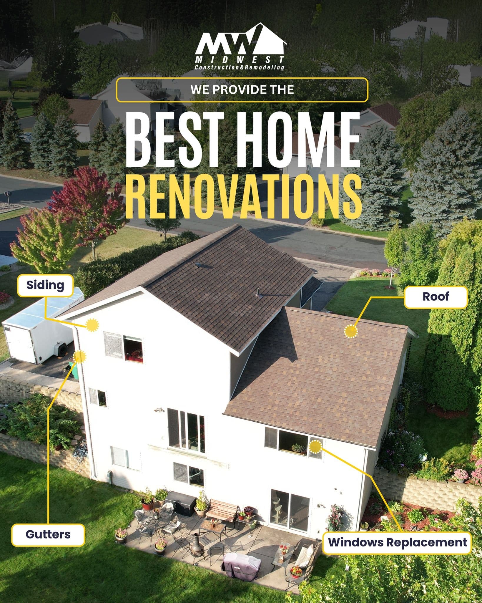 A graphic of a white house with brown roof advertising MWCR provides the best home renovations.