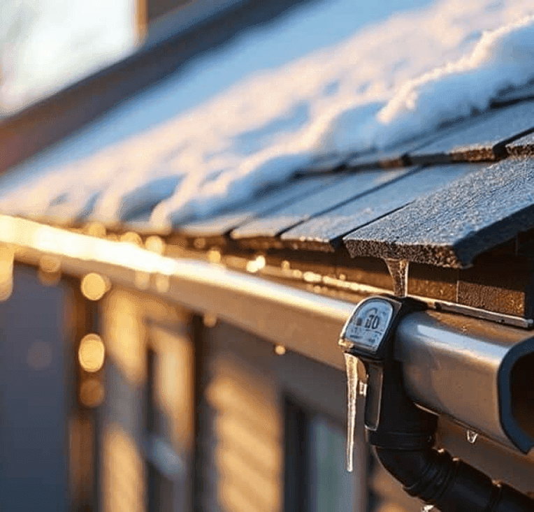 A close up of snow and ice on a roof.
