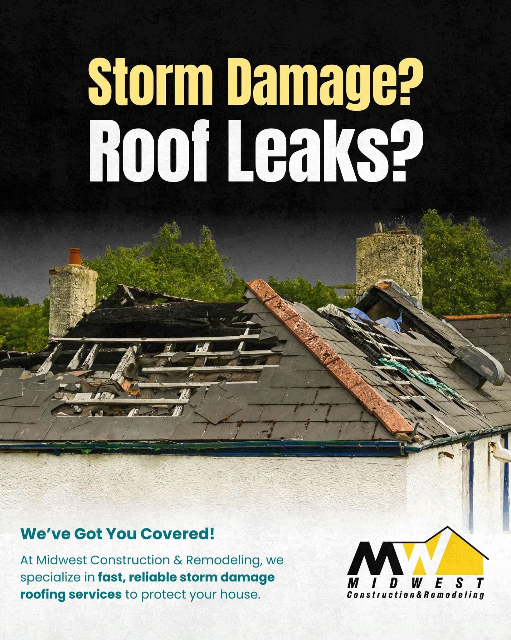 A graphic of a house with storm damage.