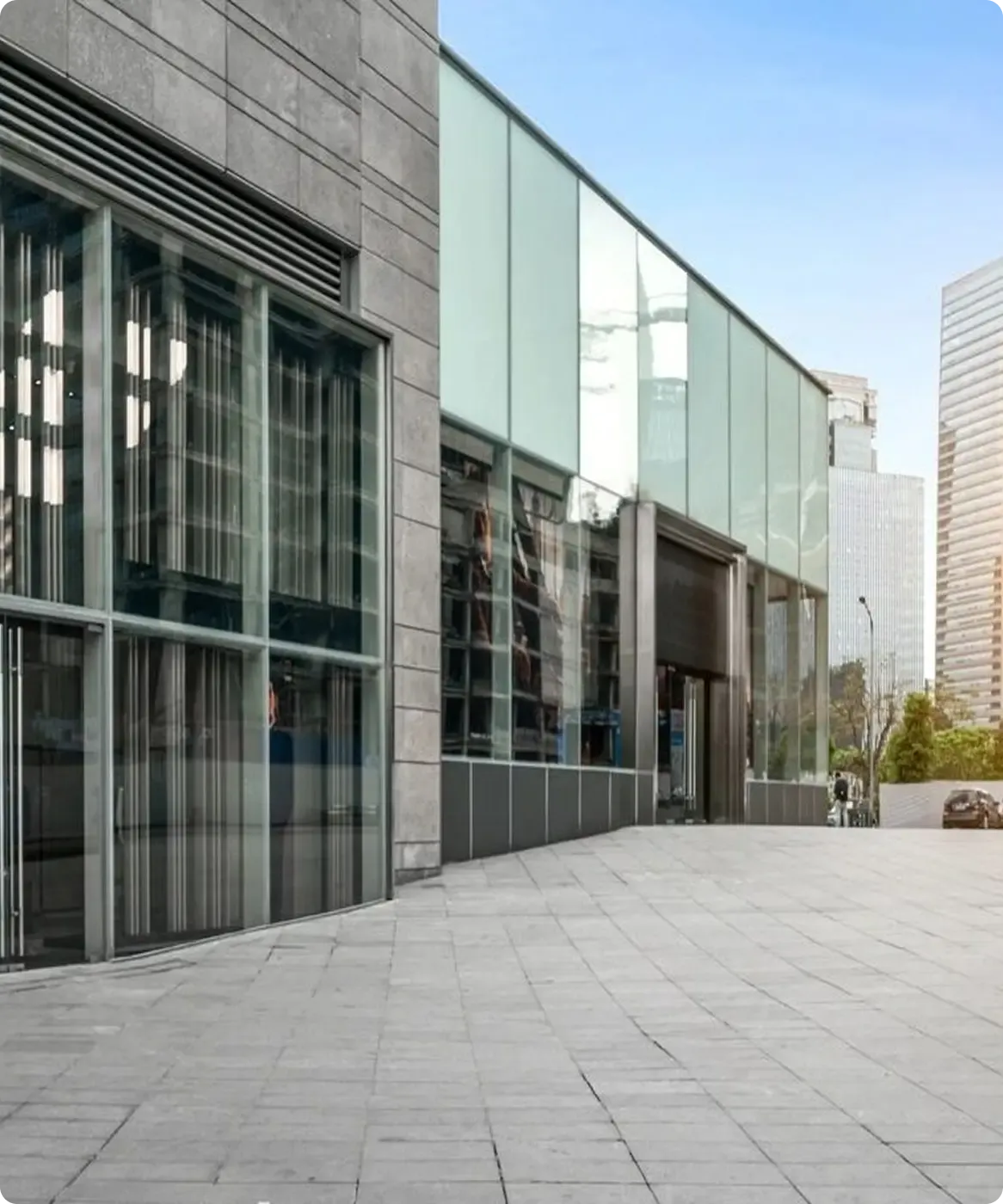 A commercial building with large patio.