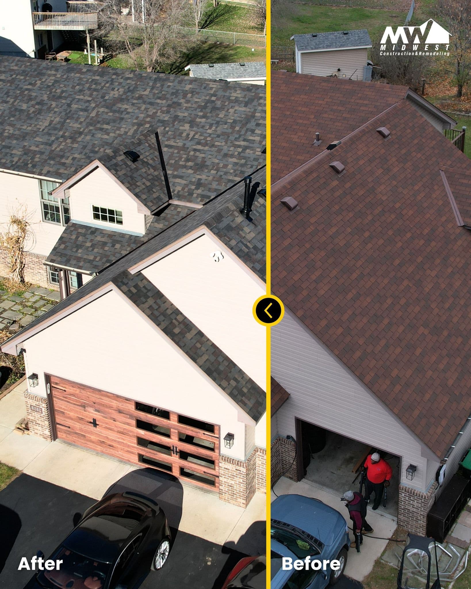An aerial view of a house before and after a shingle roof replacement.