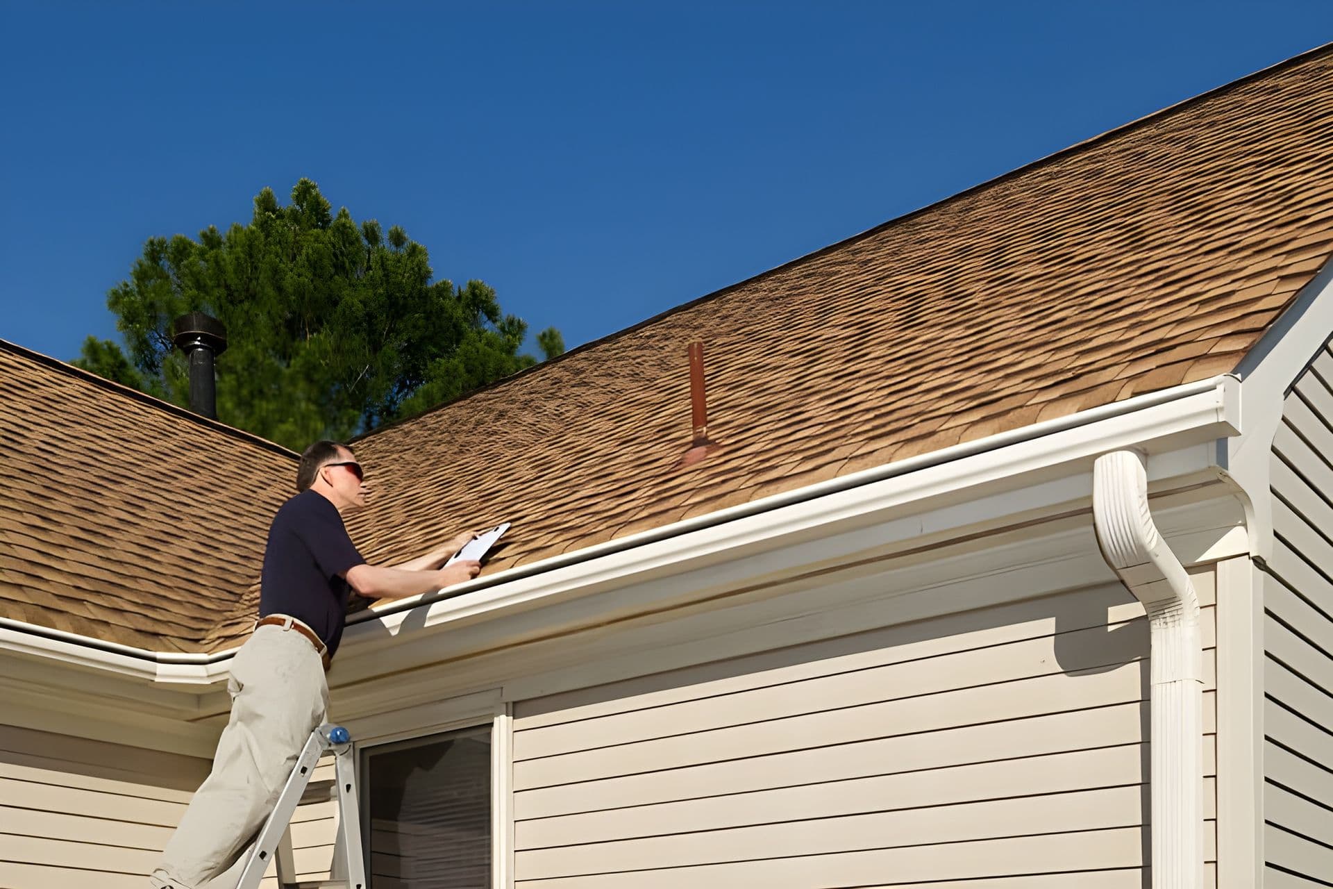 A person stands on a ladder with a clipboard and inspects a shingle roof.
