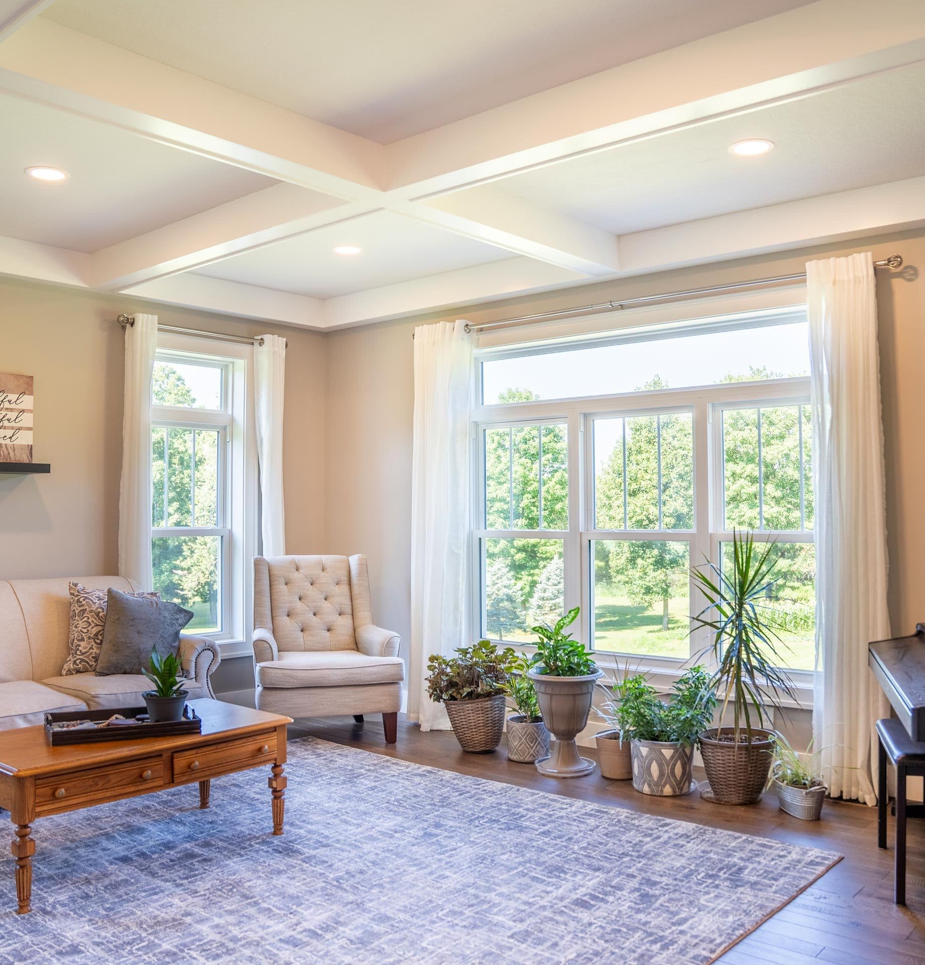 Double-hung windows in a living room overlook a yard.