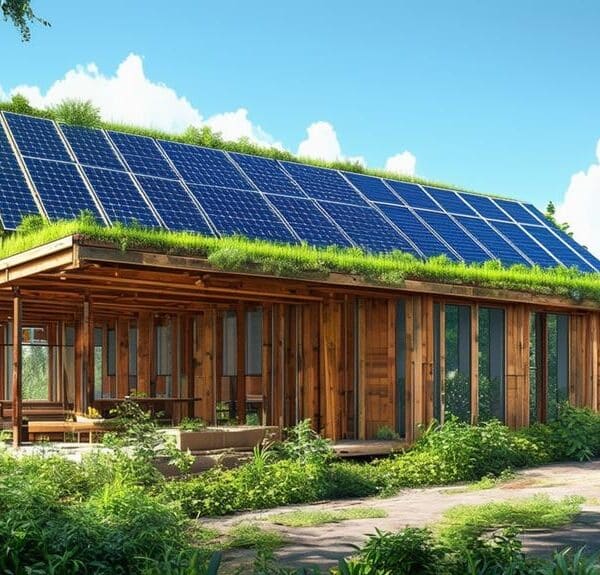 Eco-friendly house with solar panels and green roof