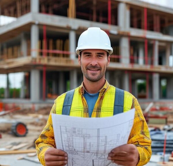 Construction worker holding blueprints at a building site