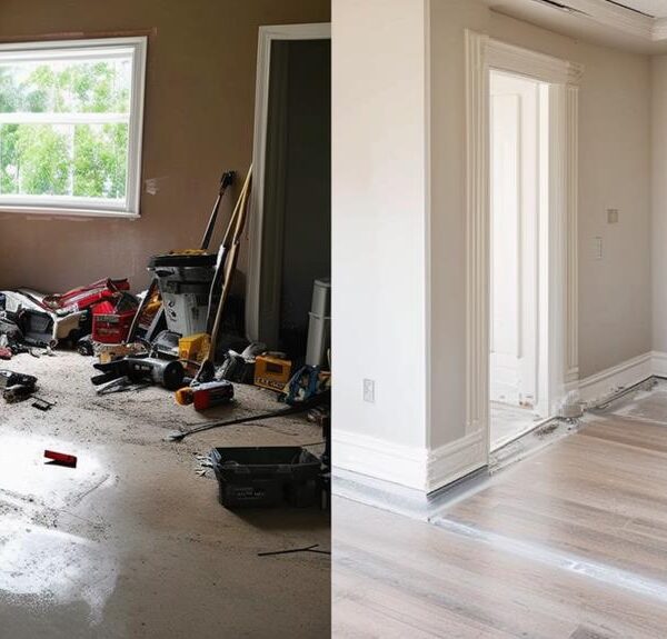 Before and after home renovation showing a cluttered room and a newly finished space