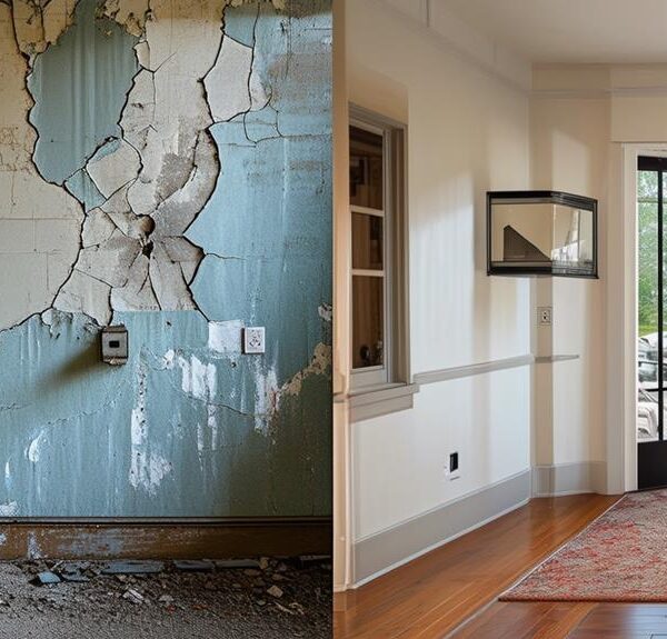 Before and after comparison of home remodeling showing old damaged walls and a renovated modern interior