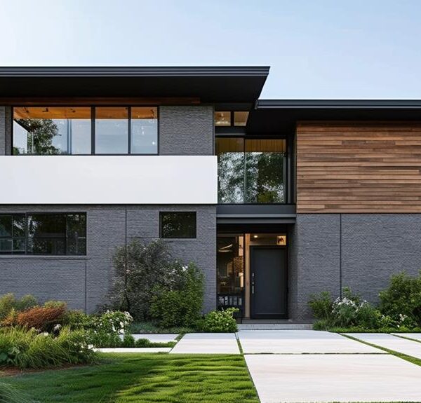 Modern two-story house with sleek design and landscaped front yard