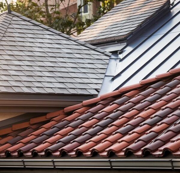 Close-up of various roof material slope options including shingles, metal, and tiles.