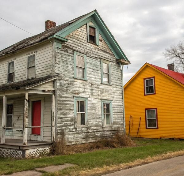 Comparison of old, deteriorating house siding versus a freshly painted and well-maintained home exterior.